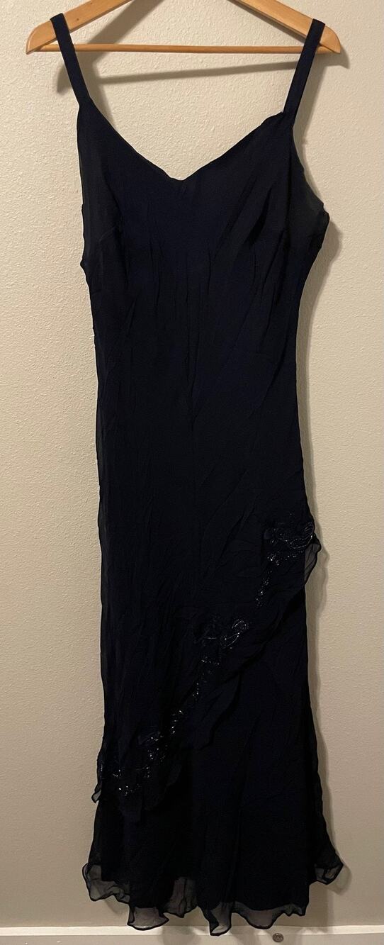 Scala Dress Womens 1X Navy Blue Silk Beaded Chiffon Maxi Slip Evening Formal 90s